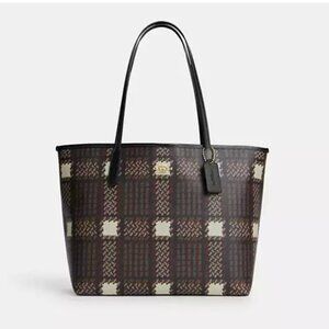 Coach City Tote with Brushed Plaid Print